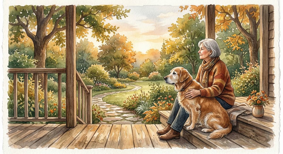 Person sitting with senior dog